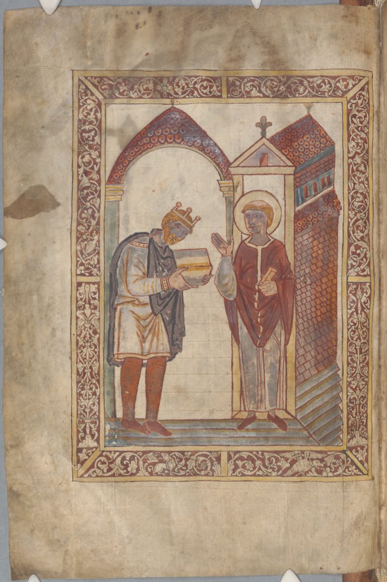 Crowned Æthelstan presents a book to Saint Cuthbert in a tenth-century illuminated manuscript.