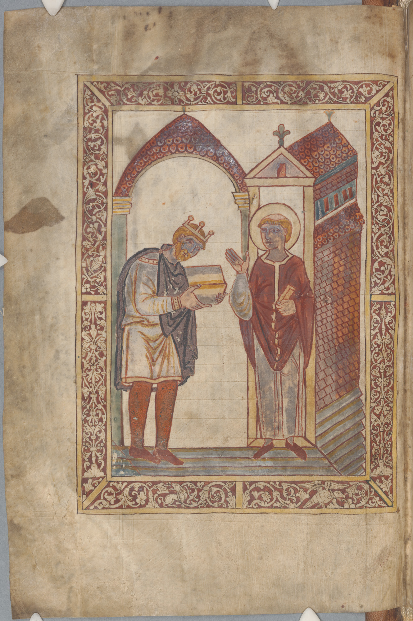 Crowned Æthelstan presents a book to Saint Cuthbert in a tenth-century illuminated manuscript.