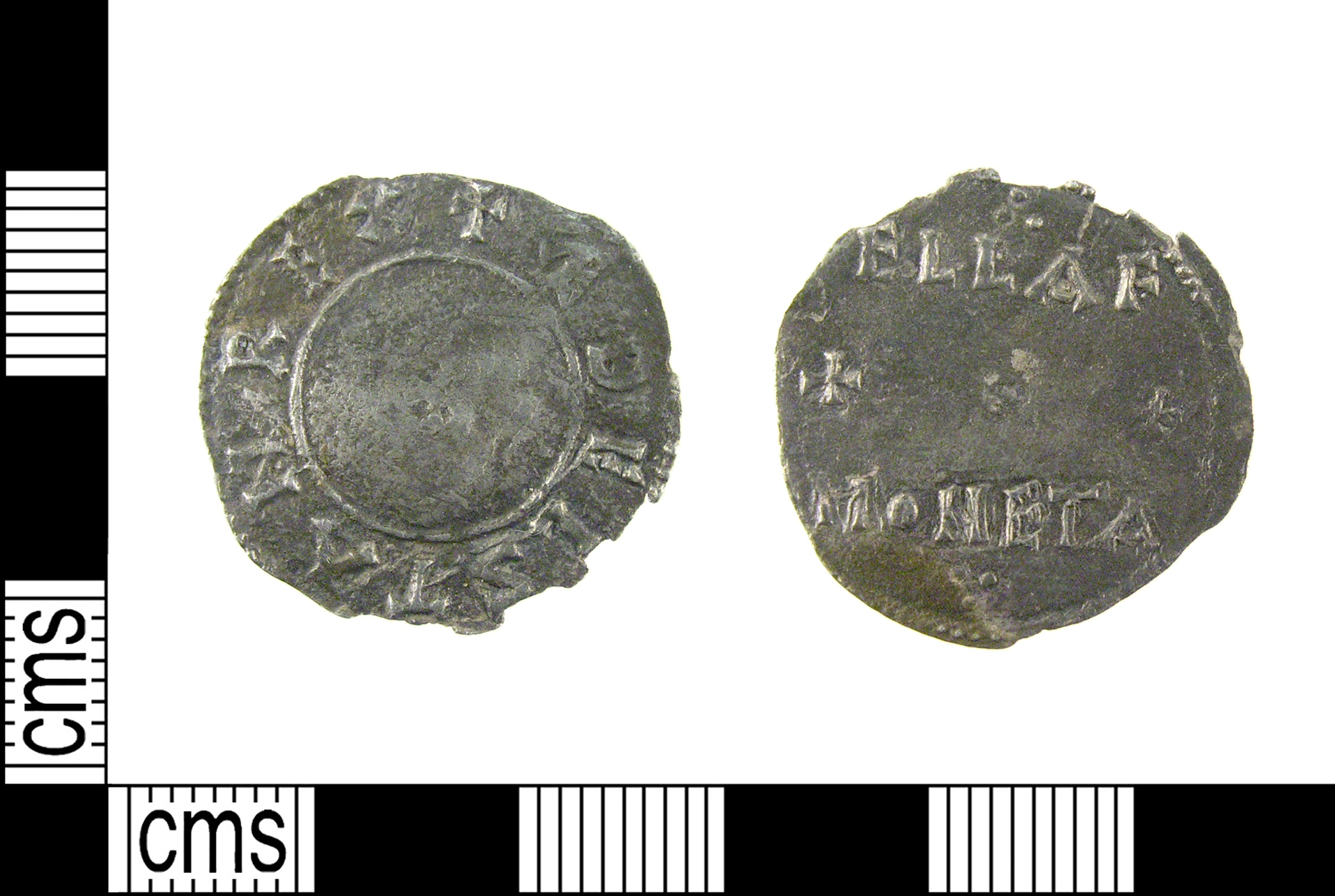 Both sides of a silver penny of Æthelstan, minted by the moneyer Ellaf, AD 924–939.