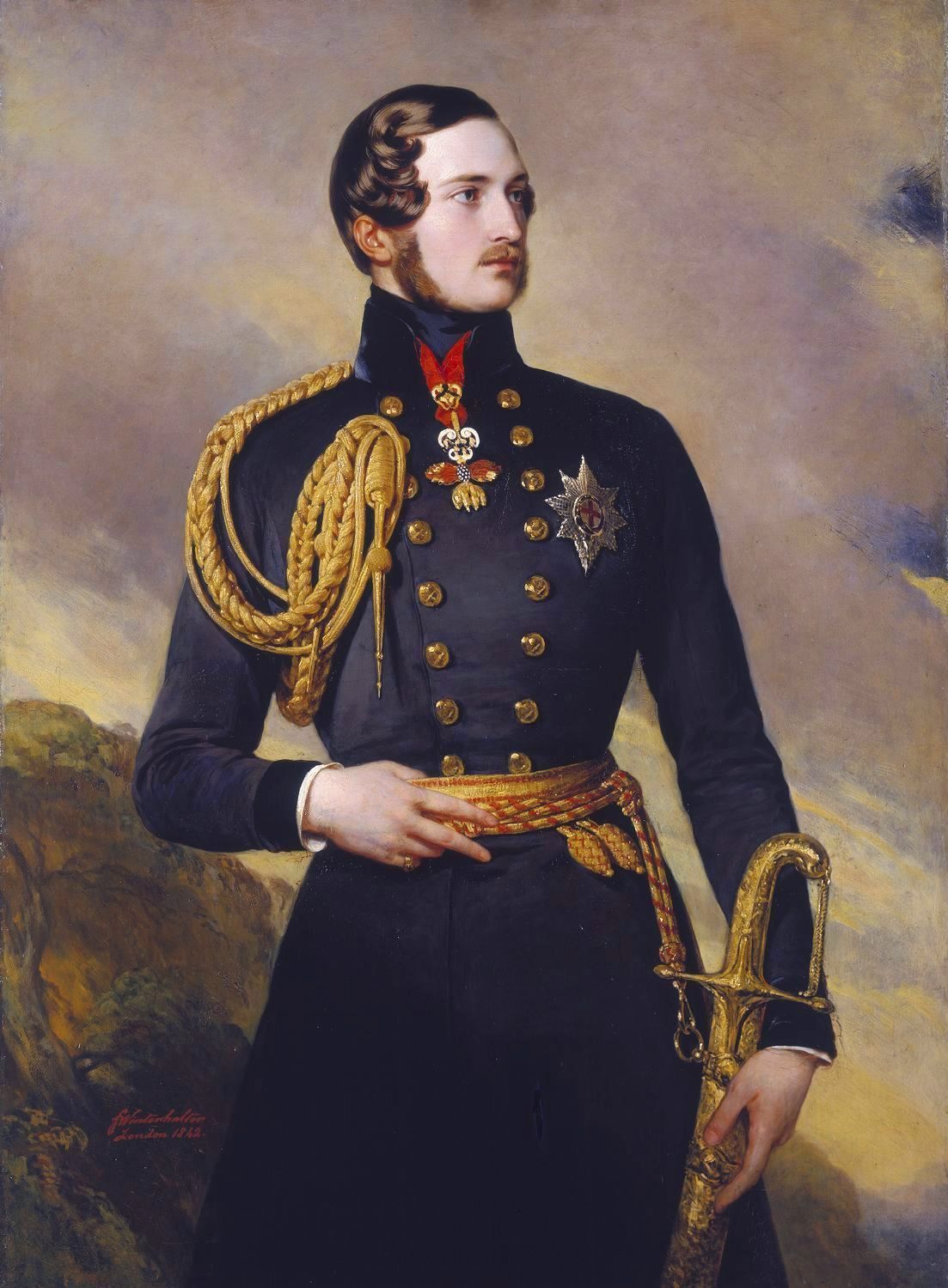 Prince Albert wearing military uniform, decorations and a gold sash in an 1842 Winterhalter portrait