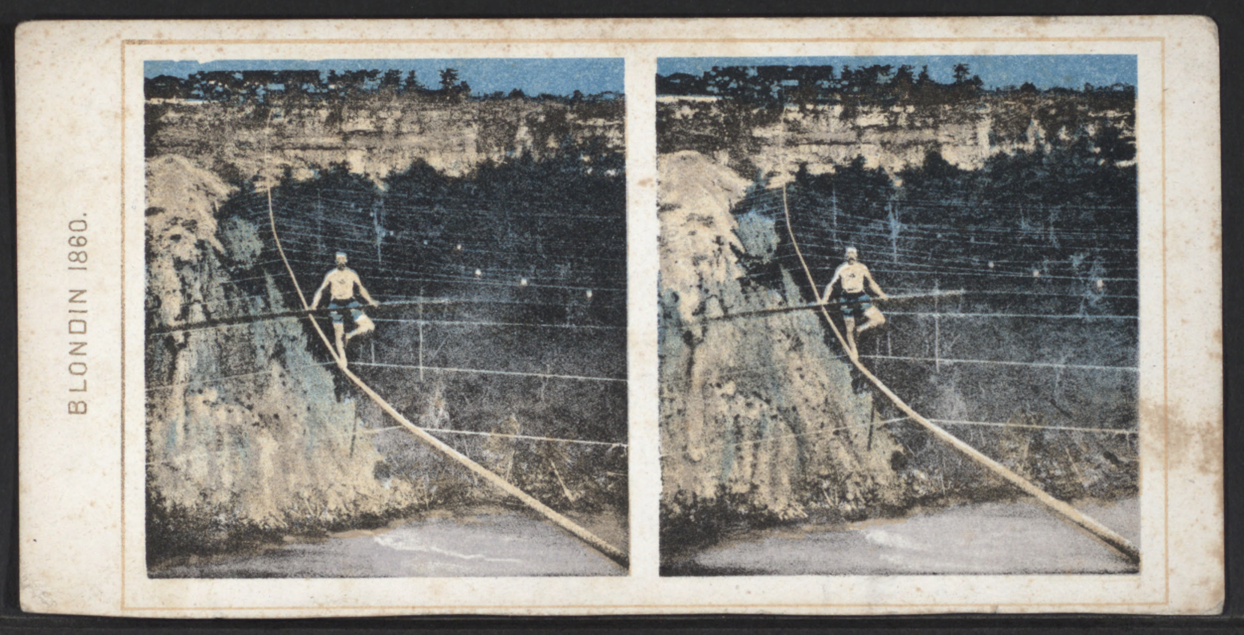 Stereoscopic photograph showing Blondin on a rope above the Niagara River in 1860