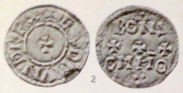 Obverse and reverse of a coin of King Edmund I, reproduced from an 1893 British Museum catalogue.