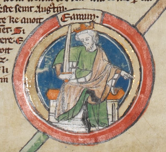 Edmund I seated with a crown and sword in a fourteenth-century royal genealogy, a later imagined depiction.