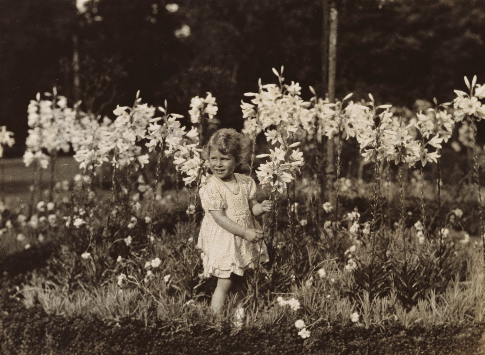 Queen Elizabeth II as a young Princess Elizabeth standing beside lilies in a garden in 1929.