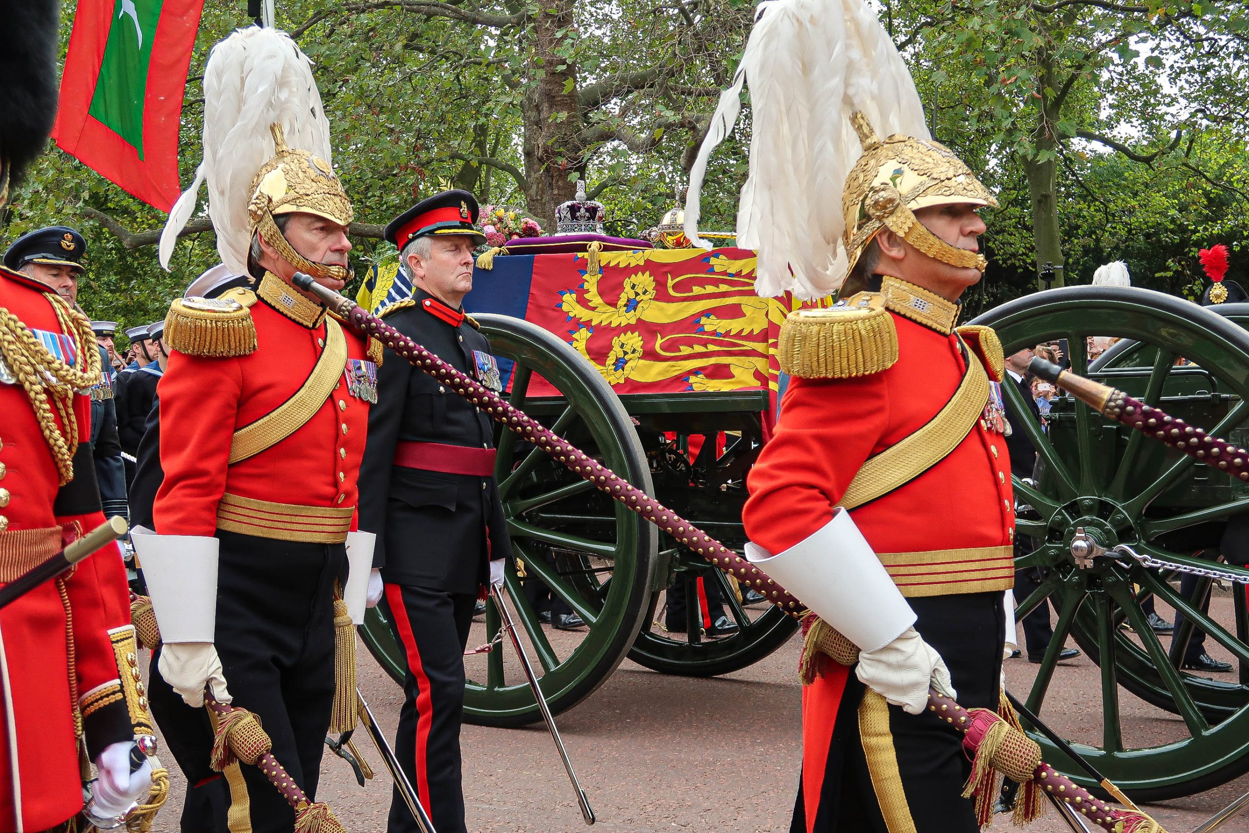 Queen Elizabeth II’s flag-draped coffin in the funeral procession in London on 19 September 2022.