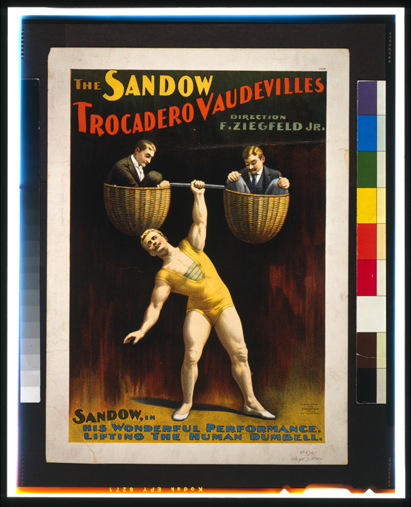 An 1894 poster advertising Sandow lifting a human dumbbell