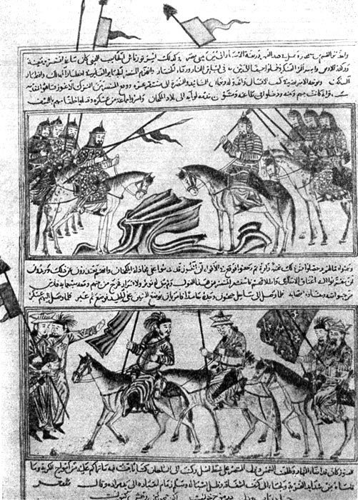 Mounted Mongol soldiers carrying bows and standards in a medieval manuscript painting