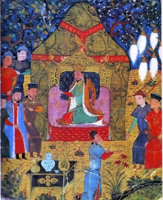 Genghis Khan seated with attendants in a fifteenth-century Persian manuscript illustration