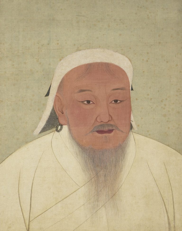 Genghis Khan depicted in a white robe and white headdress in a posthumous Yuan portrait