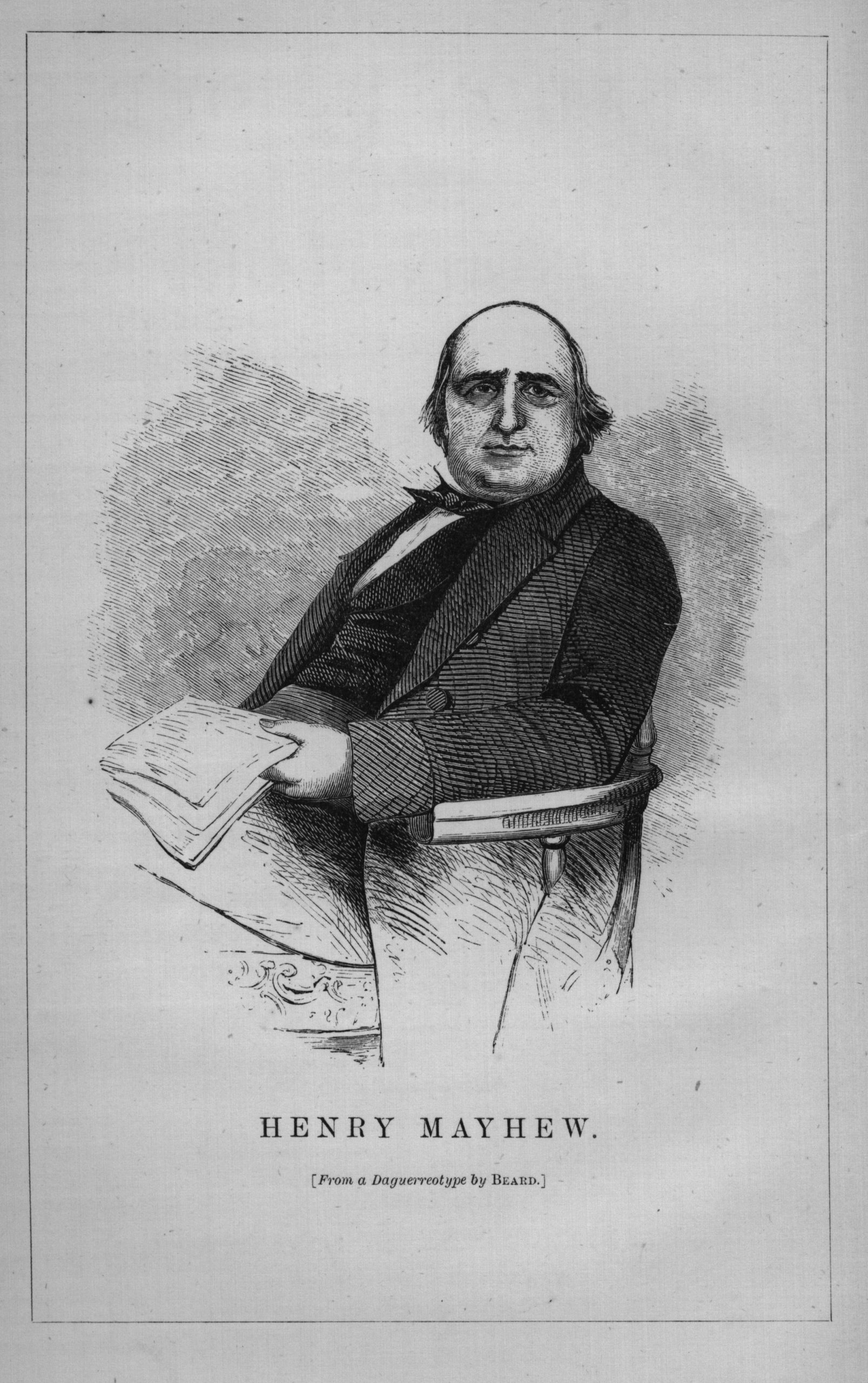 Engraved portrait of journalist Henry Mayhew seated with a book