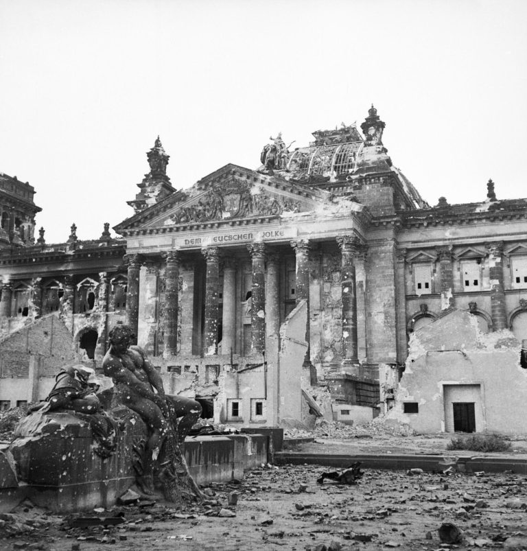 The shattered dome and damaged exterior of the Reichstag in Berlin on 3 June 1945.