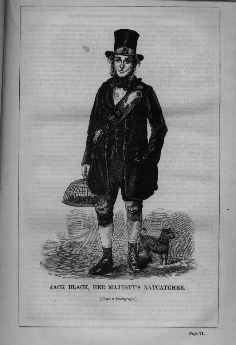 Jack Black, Victorian London rat-catcher, in a tall hat and rat-decorated shoulder belt