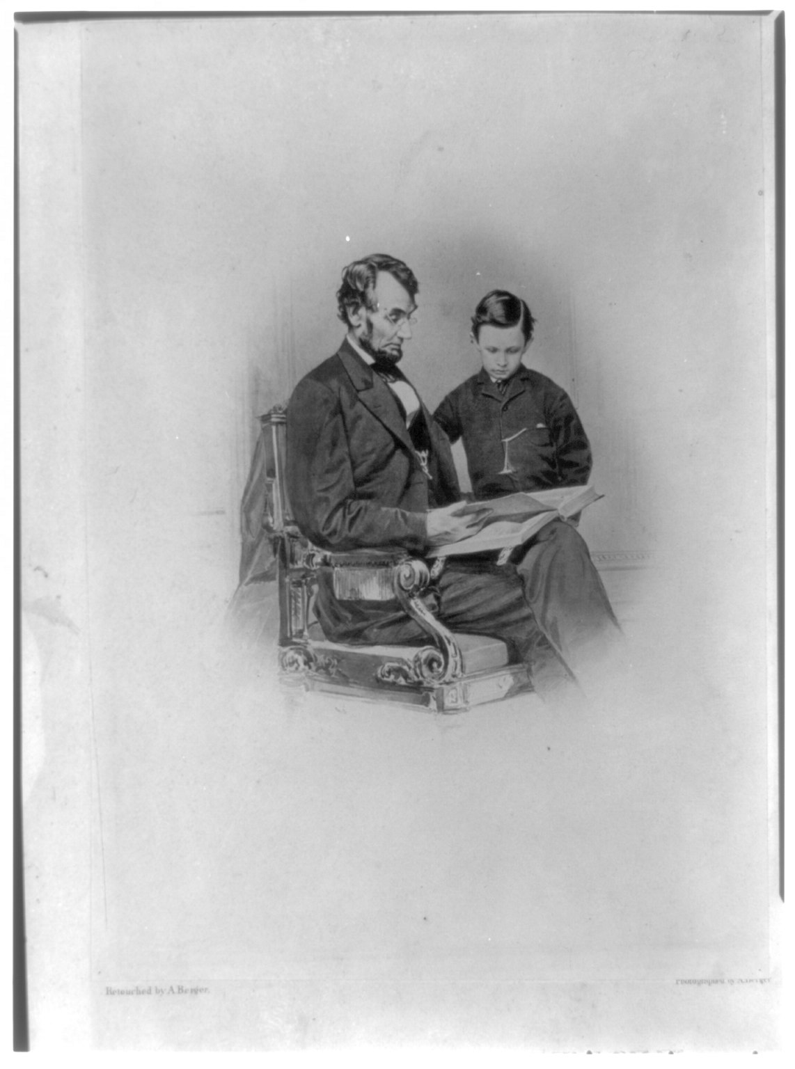 Historical photographic print of Abraham Lincoln seated with his son Tad beside him