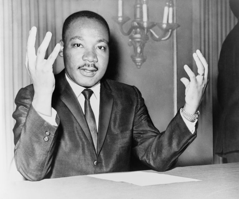 Martin Luther King Jr. speaking at a press conference on November 6, 1964