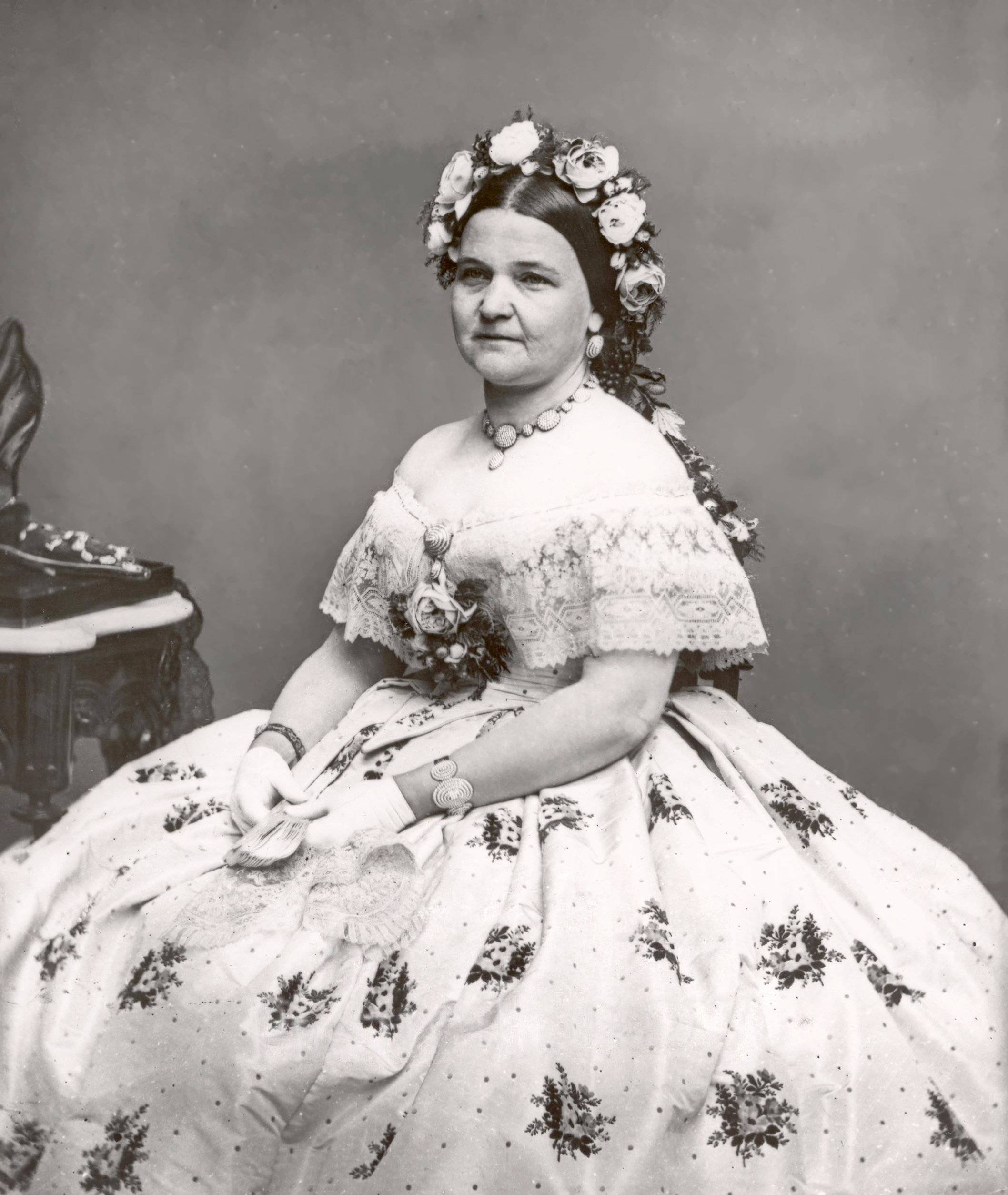 Mary Todd Lincoln wearing a formal dress, photographed in 1861