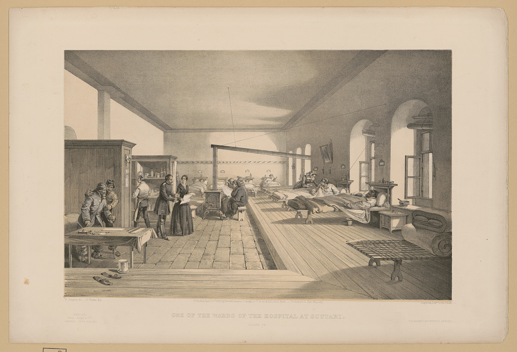 Illustrated hospital ward with beds and patients at Scutari
