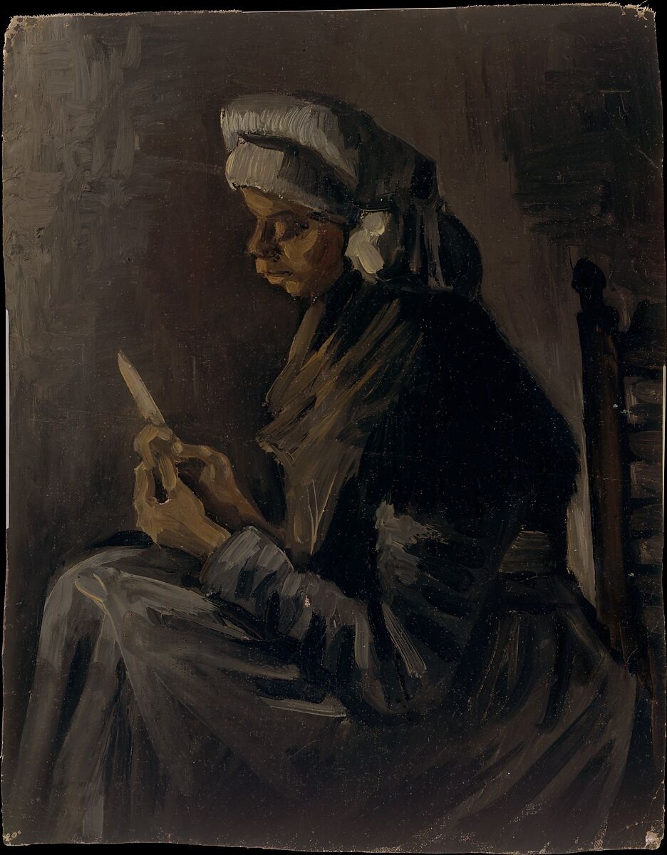Dark-toned painting of a woman peeling potatoes