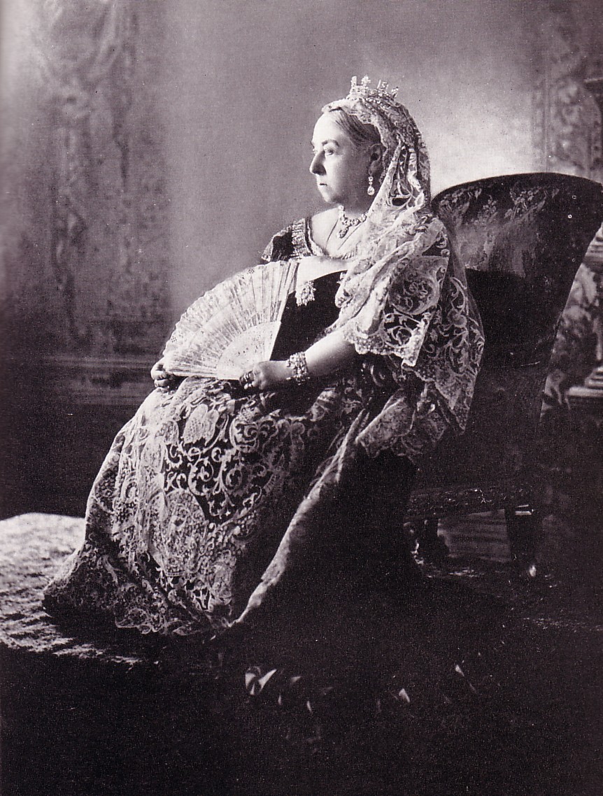 Queen Victoria in mourning dress in a Downey photograph associated with her Diamond Jubilee