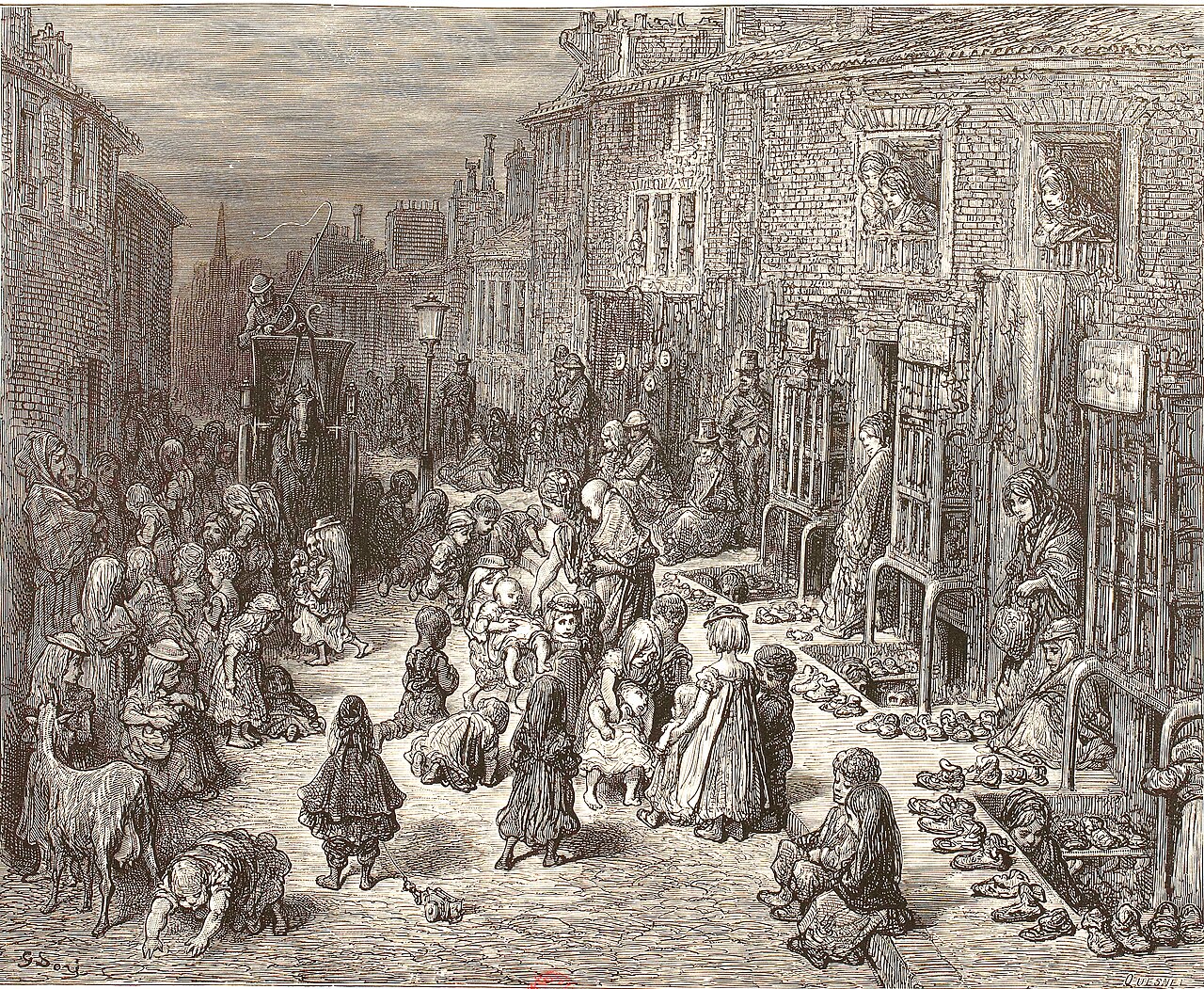 Crowded nineteenth-century London street market in Gustave Doré’s Dudley Street Seven Dials illustration